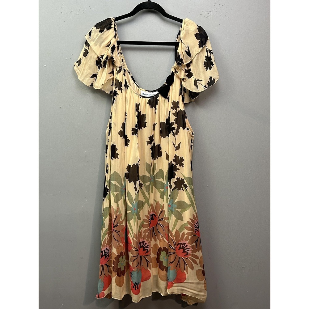 Denim 24/7 Dress Womens 30W Beige Floral Boho Ruffle Sleeve Peasant Midi Summer